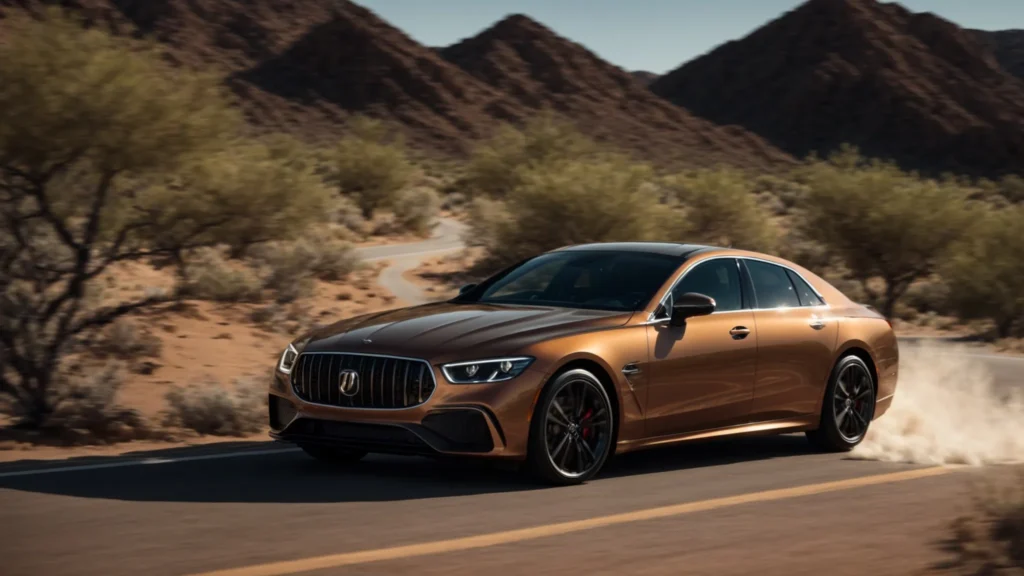 a sleek luxury car drives through the scenic desert landscape near scottsdale, showcasing opulence and freedom.