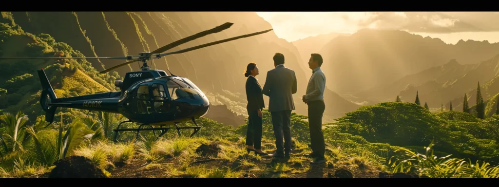 business professionals in dark clothing discussing helicopter tour benefits with a pilot in kauai.