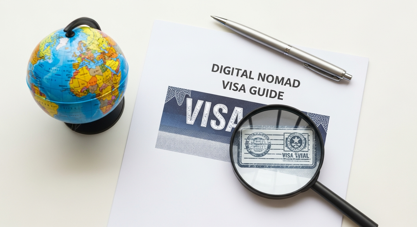 Digital nomad working remotely on a laptop with a scenic view, symbolizing freedom with a digital nomad visa.